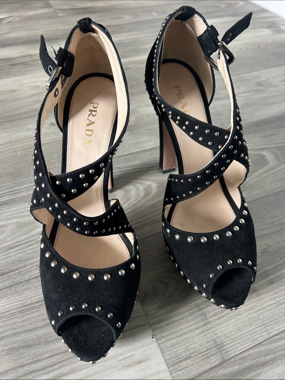 Prada Black Studded Crisscross Peep-Toe Heels